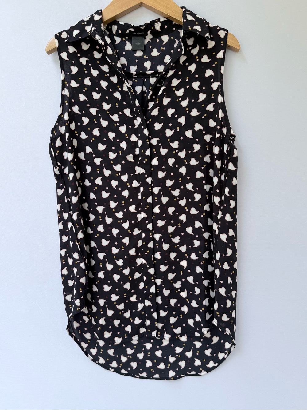Ann Taylor Navy Heart Print Sleeveless Tunic Popover Blouse, Semi-Sheer, S, NWOT